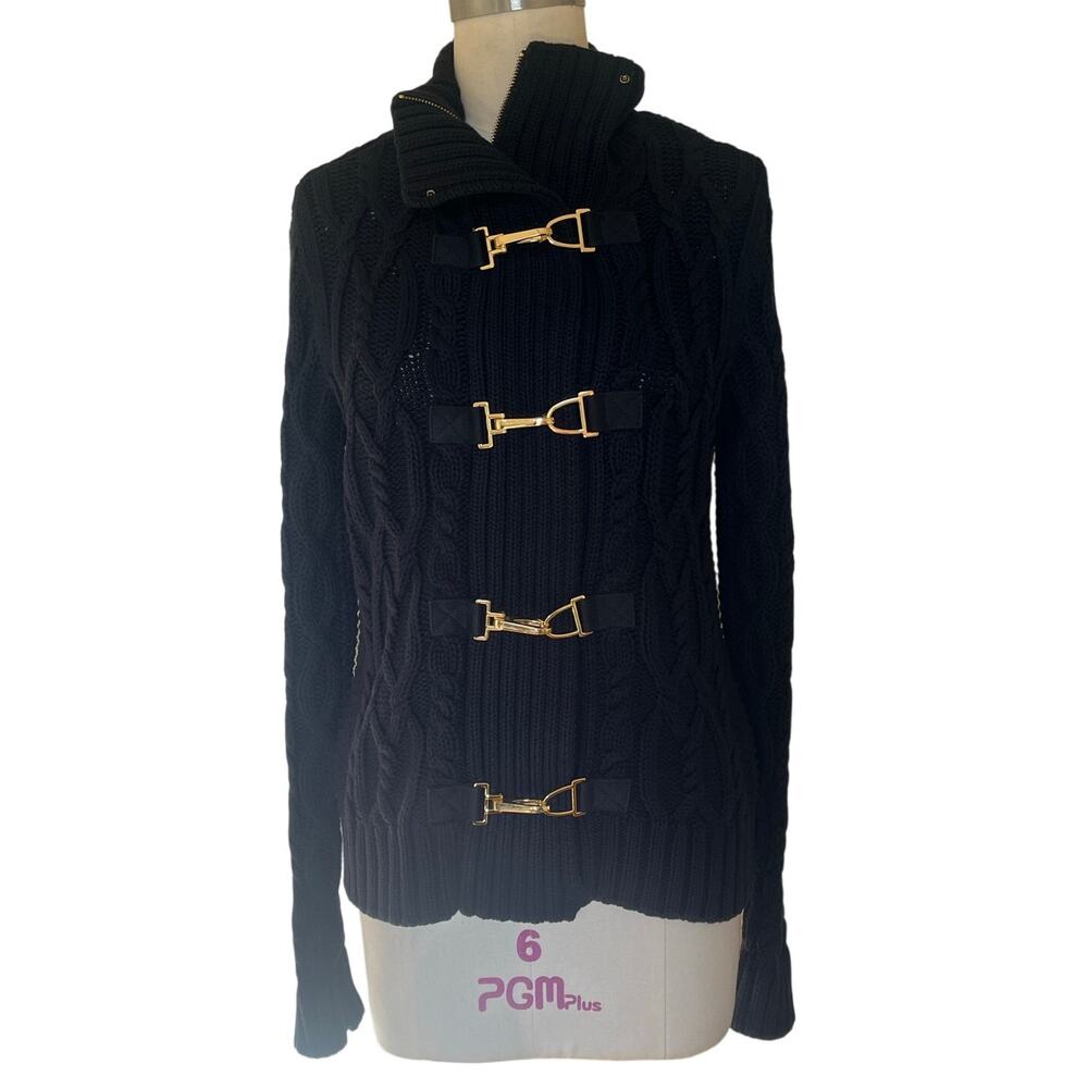 Lauren Ralph Lauren M Black Cable Fireman Clasp Cardigan Hardware Sweater $380 - Picture 13 of 15